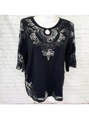 ONCE AGAIN BLACK & WHITE METALLIC THREAD SWIRL DESIGN TUNIC TOP - 1X